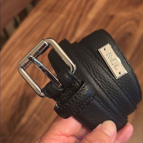 Ralph Lauren Black Pebble Leather Belt with Silver Buckle - XL
